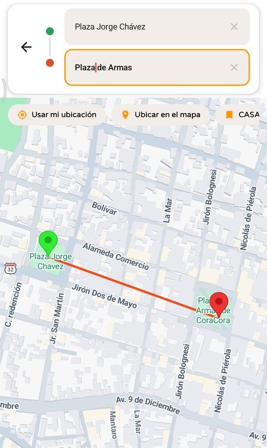 Pantalla de ApuraY trazando una ruta de mototaxi de la Plaza Jorge Chávez a la Plaza de Armas de Coracora
